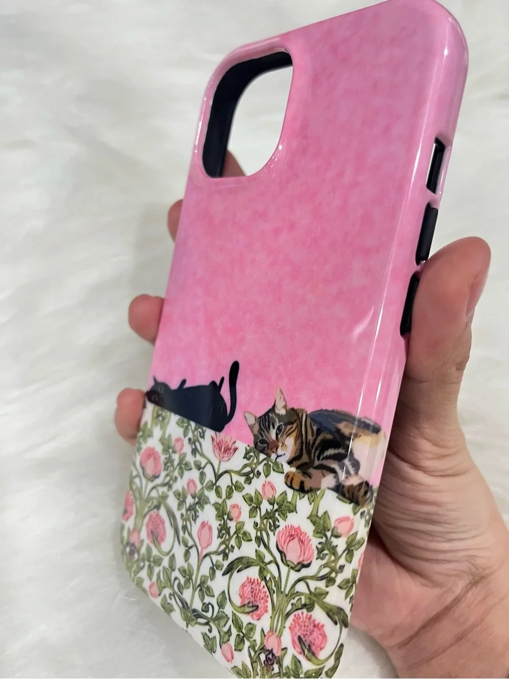Whimsical Pink Cat Pattern Phone Case with Floral Accent